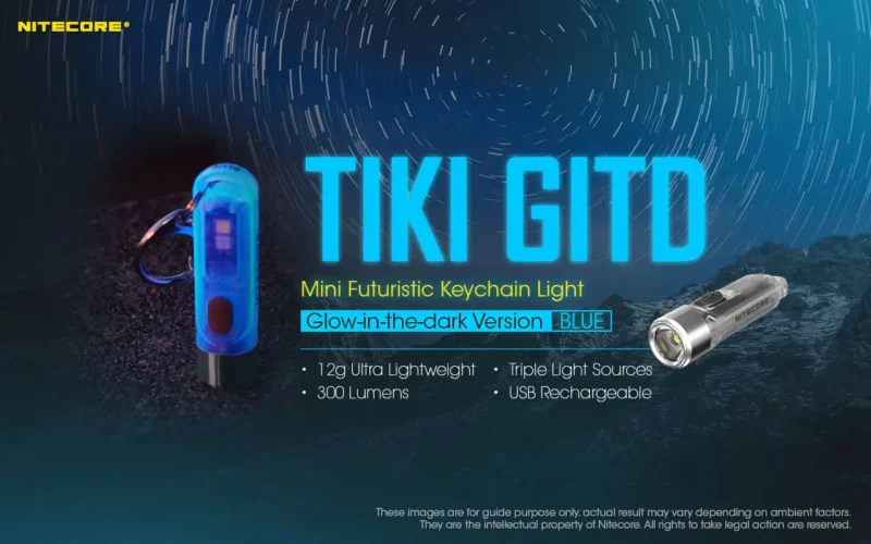 Torcia Portachiavi Ricaricabile 300 Lumens e 71 metri Nitecore - Mod. TIKI GITD Blue